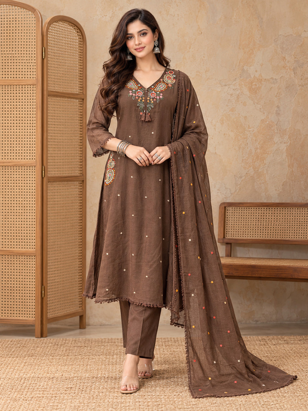 Women Ethnic Motifs Embroidered Regular Mirror Work Kurta with Trousers & With Dupatta