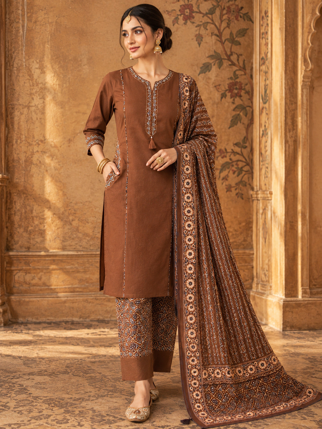 Women Ethnic Motifs Embroidered Regular Pure Cotton Kurta with Trousers & With Dupatta