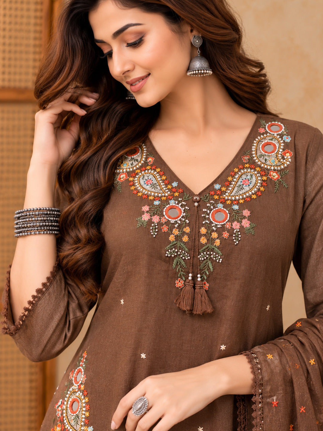 Women Ethnic Motifs Embroidered Regular Mirror Work Kurta with Trousers & With Dupatta