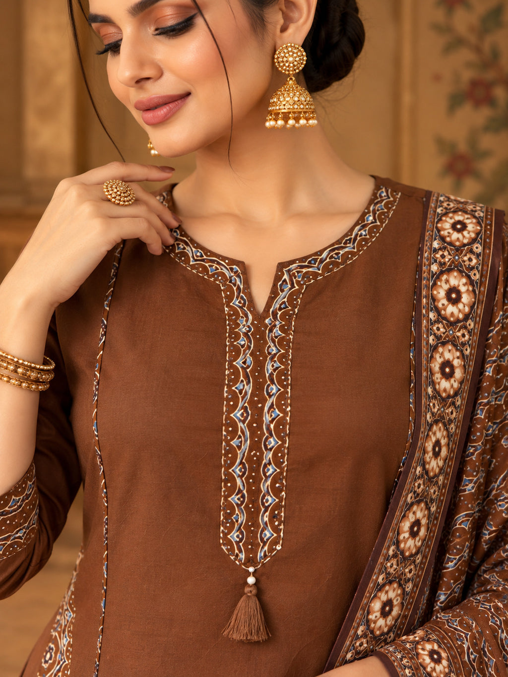 Women Ethnic Motifs Embroidered Regular Pure Cotton Kurta with Trousers & With Dupatta