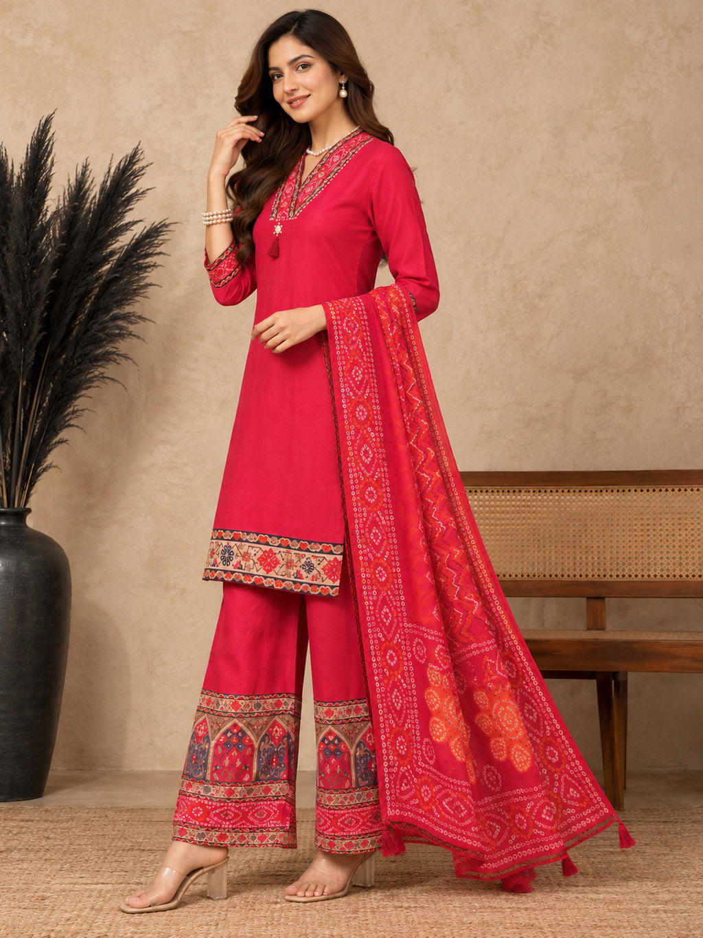 Women Ethnic Motifs Thread Work Pure Cotton Kurta with Palazzos & Dupatta
