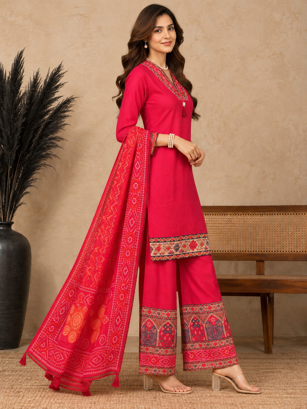 Women Ethnic Motifs Thread Work Pure Cotton Kurta with Palazzos & Dupatta