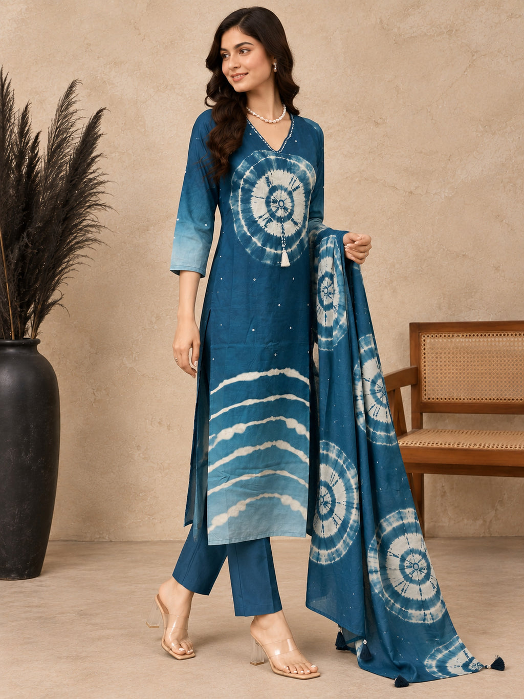 Women Dyed Regular Pure Cotton Kurta with Trousers & With Dupatta
