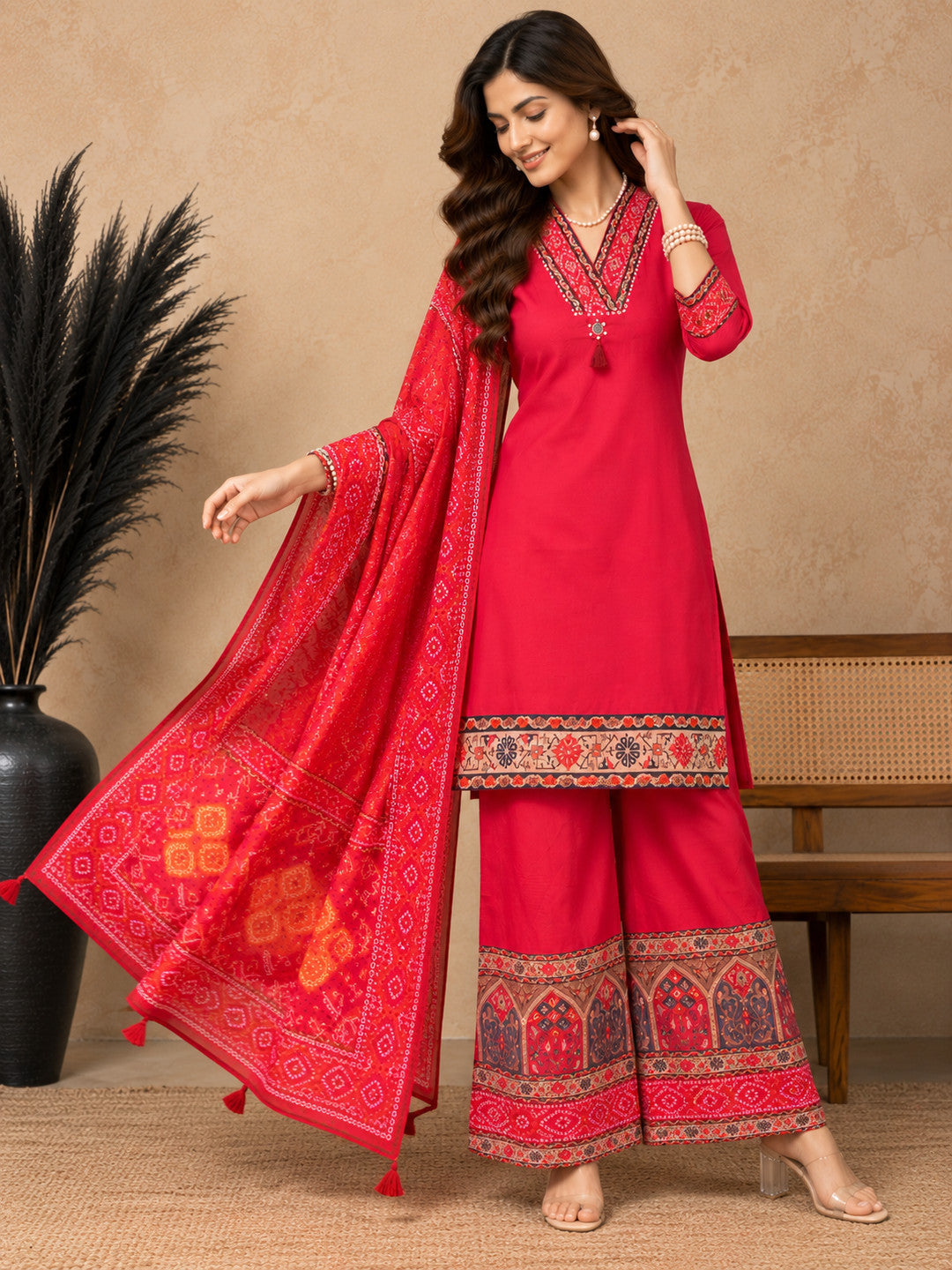 Women Ethnic Motifs Thread Work Pure Cotton Kurta with Palazzos & Dupatta