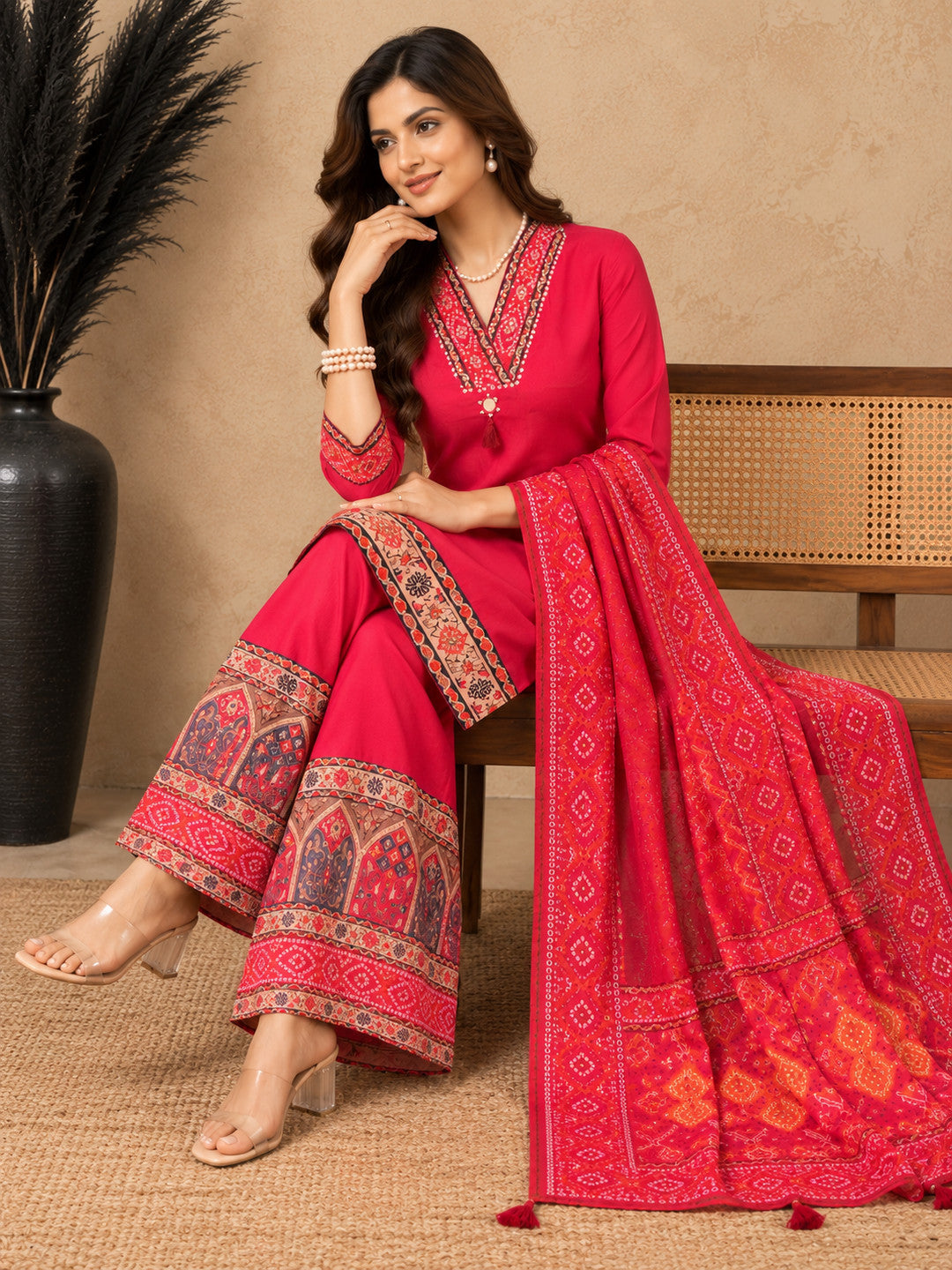 Women Ethnic Motifs Thread Work Pure Cotton Kurta with Palazzos & Dupatta