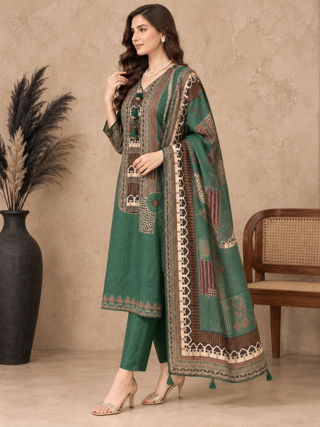 Women Ethnic Motifs Printed Regular Pure Cotton Kurta with Trousers & With Dupatta