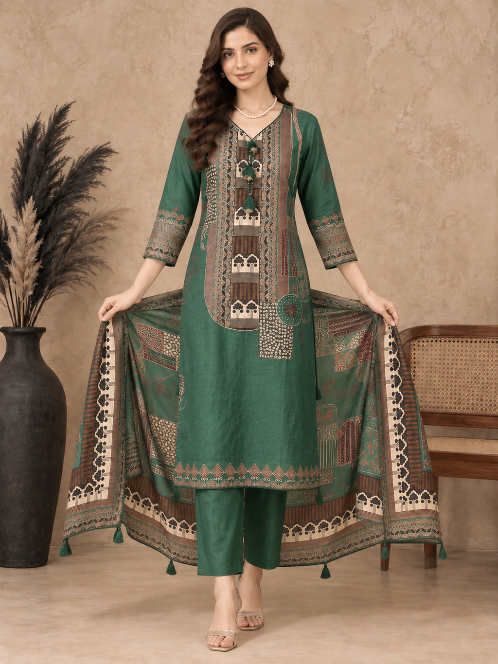 Women Ethnic Motifs Printed Regular Pure Cotton Kurta with Trousers & With Dupatta