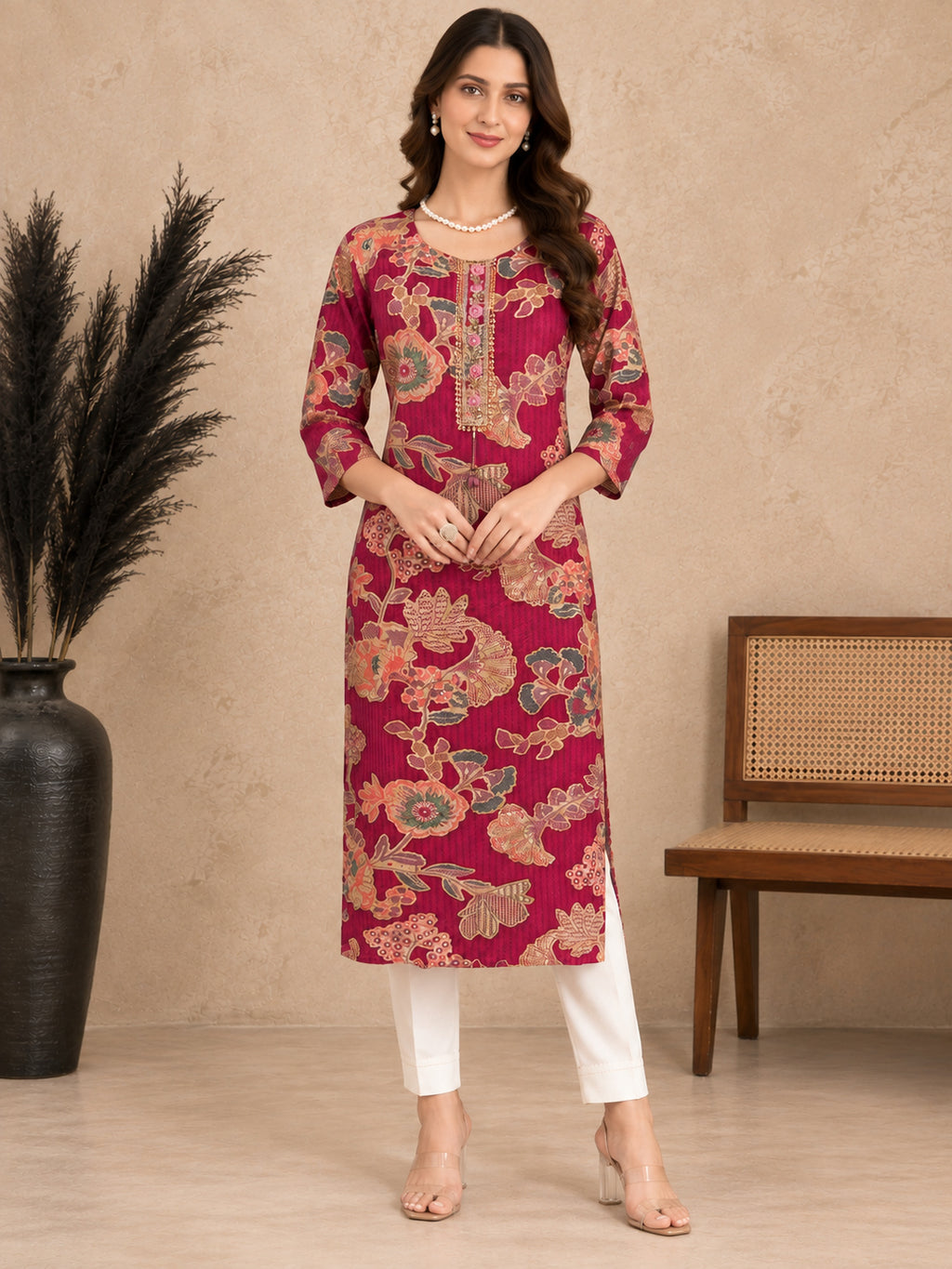 Botanical Printed Thread Work Thread Work Kurti