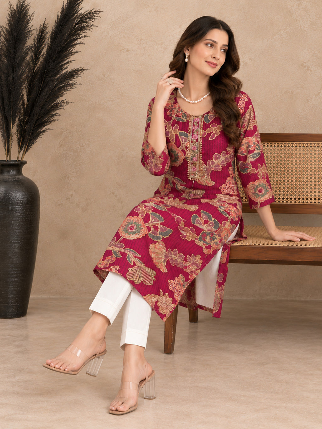 Botanical Printed Thread Work Thread Work Kurti