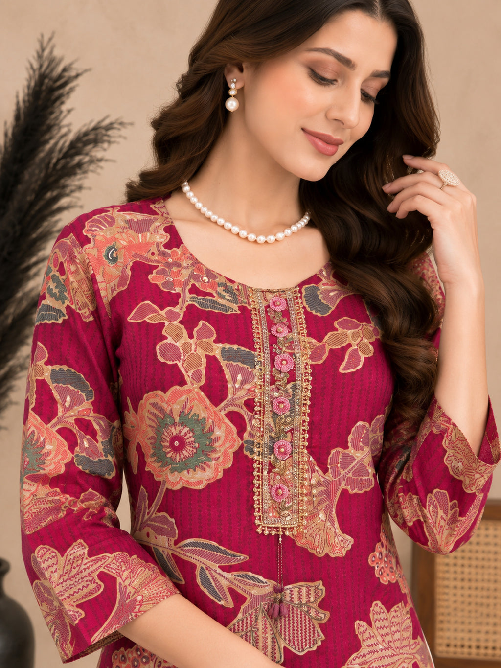 Botanical Printed Thread Work Thread Work Kurti