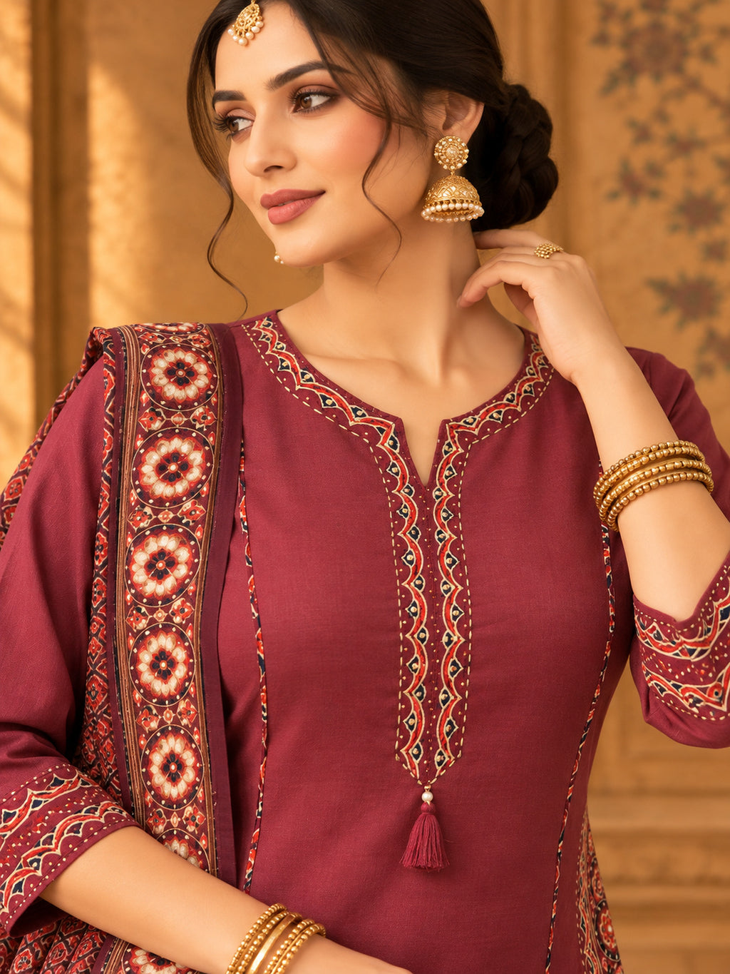 Women Ethnic Motifs Embroidered Regular Thread Work Pure Cotton Kurta with Trousers & With Dupatta