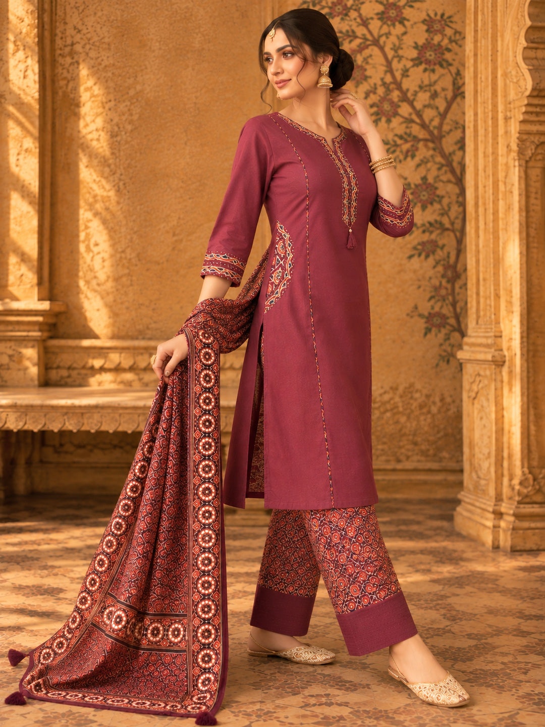 Women Ethnic Motifs Embroidered Regular Thread Work Pure Cotton Kurta with Trousers & With Dupatta