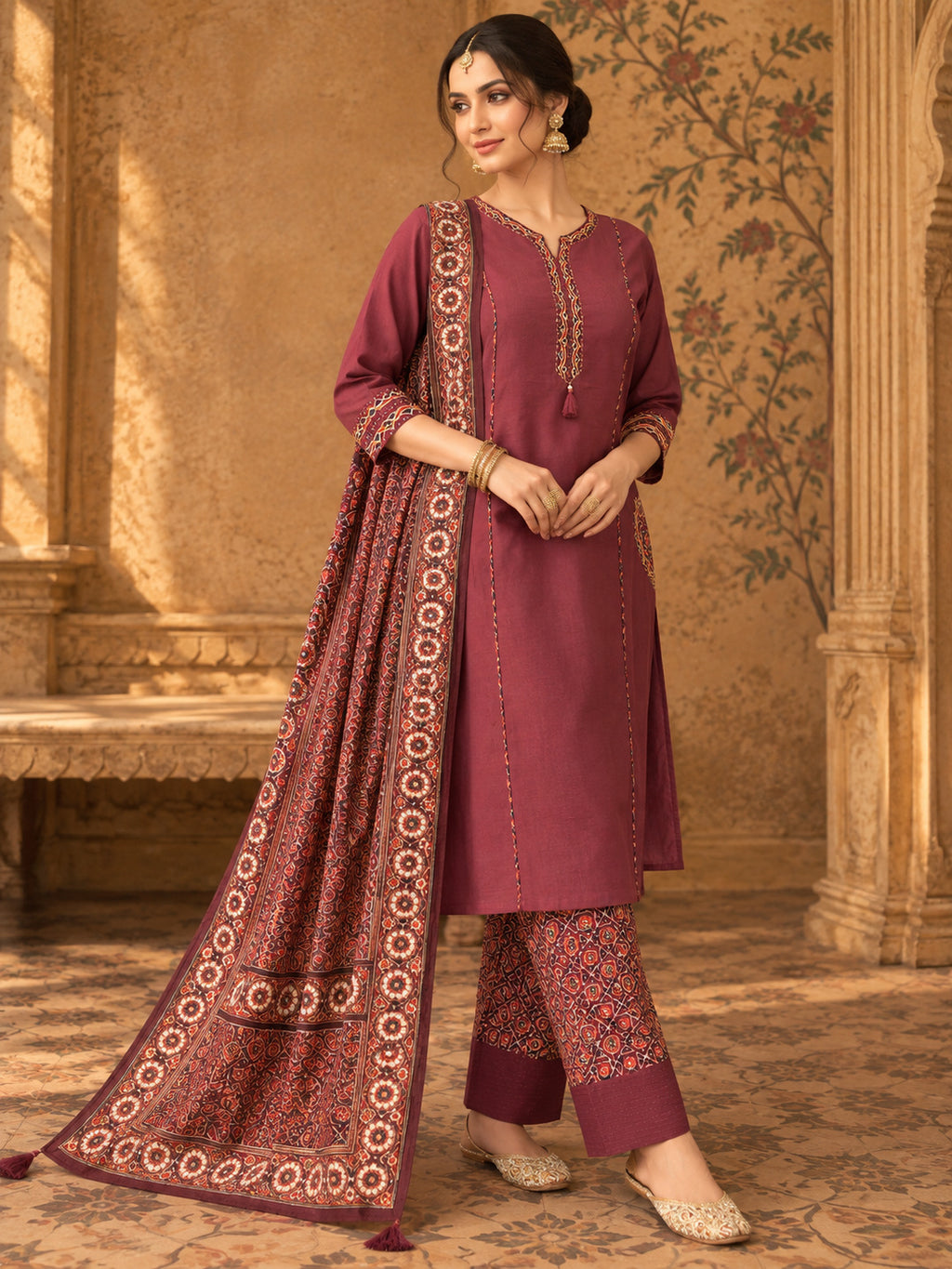 Women Ethnic Motifs Embroidered Regular Thread Work Pure Cotton Kurta with Trousers & With Dupatta