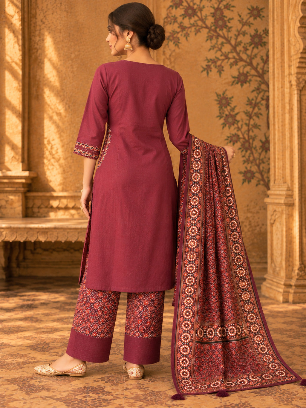 Women Ethnic Motifs Embroidered Regular Thread Work Pure Cotton Kurta with Trousers & With Dupatta