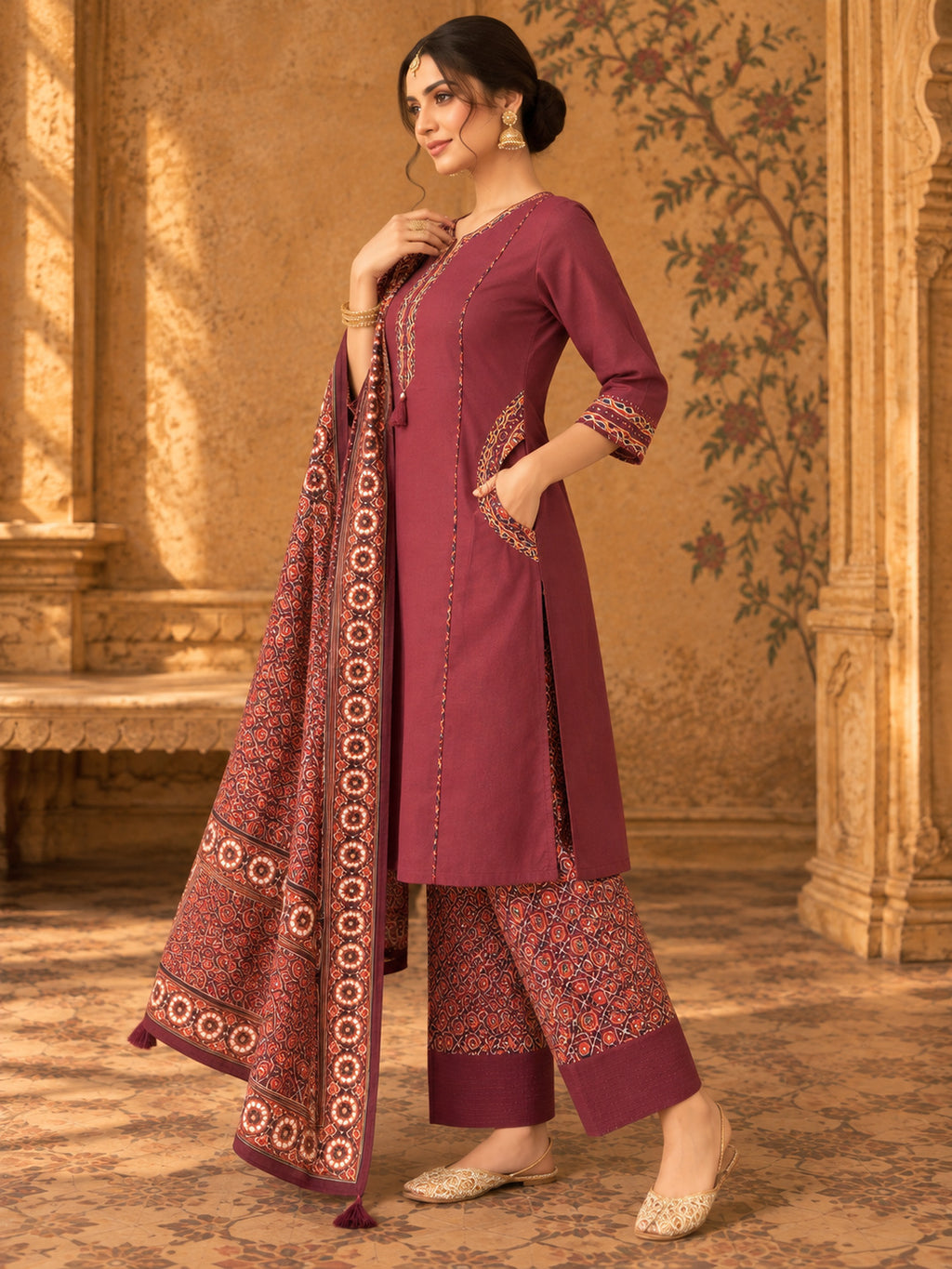 Women Ethnic Motifs Embroidered Regular Thread Work Pure Cotton Kurta with Trousers & With Dupatta