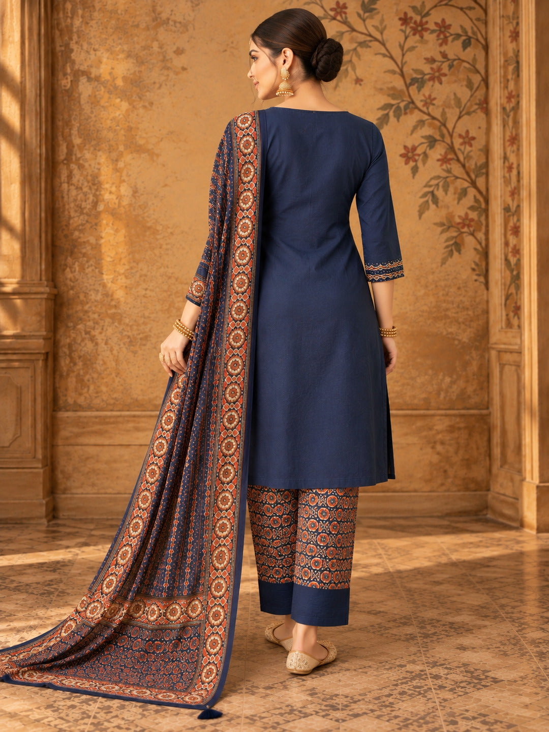 Women Ethnic Motifs Embroidered Regular Thread Work Pure Cotton Kurta with Trousers & With Dupatta