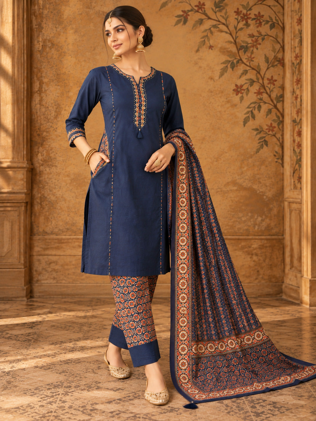 Women Ethnic Motifs Embroidered Regular Thread Work Pure Cotton Kurta with Trousers & With Dupatta