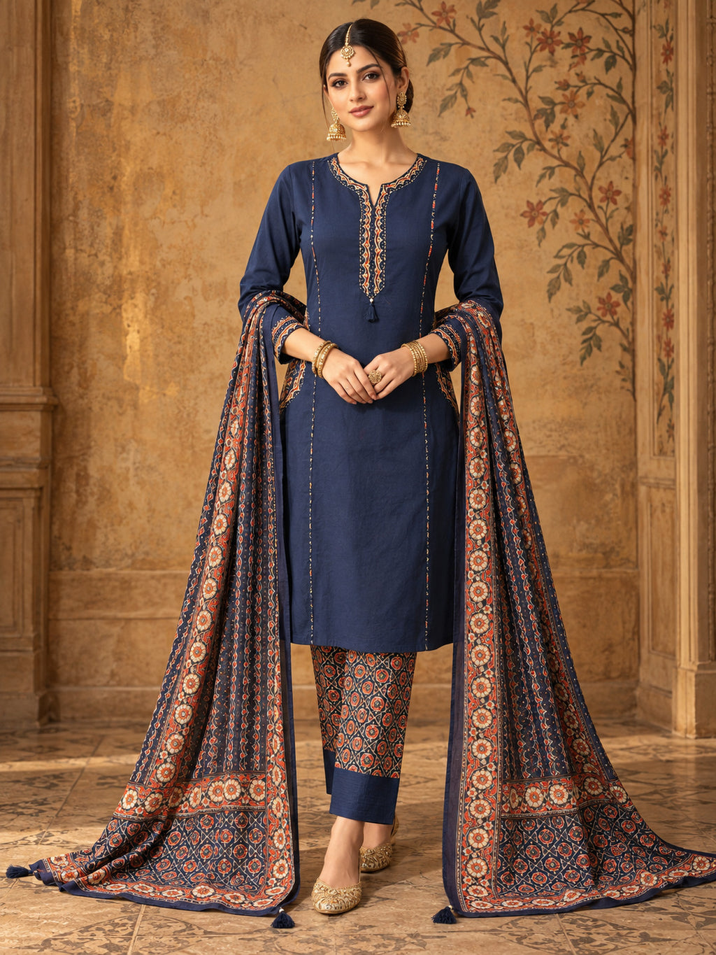 Women Ethnic Motifs Embroidered Regular Thread Work Pure Cotton Kurta with Trousers & With Dupatta