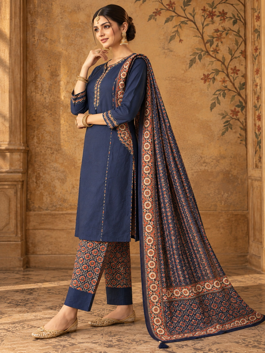 Women Ethnic Motifs Embroidered Regular Thread Work Pure Cotton Kurta with Trousers & With Dupatta