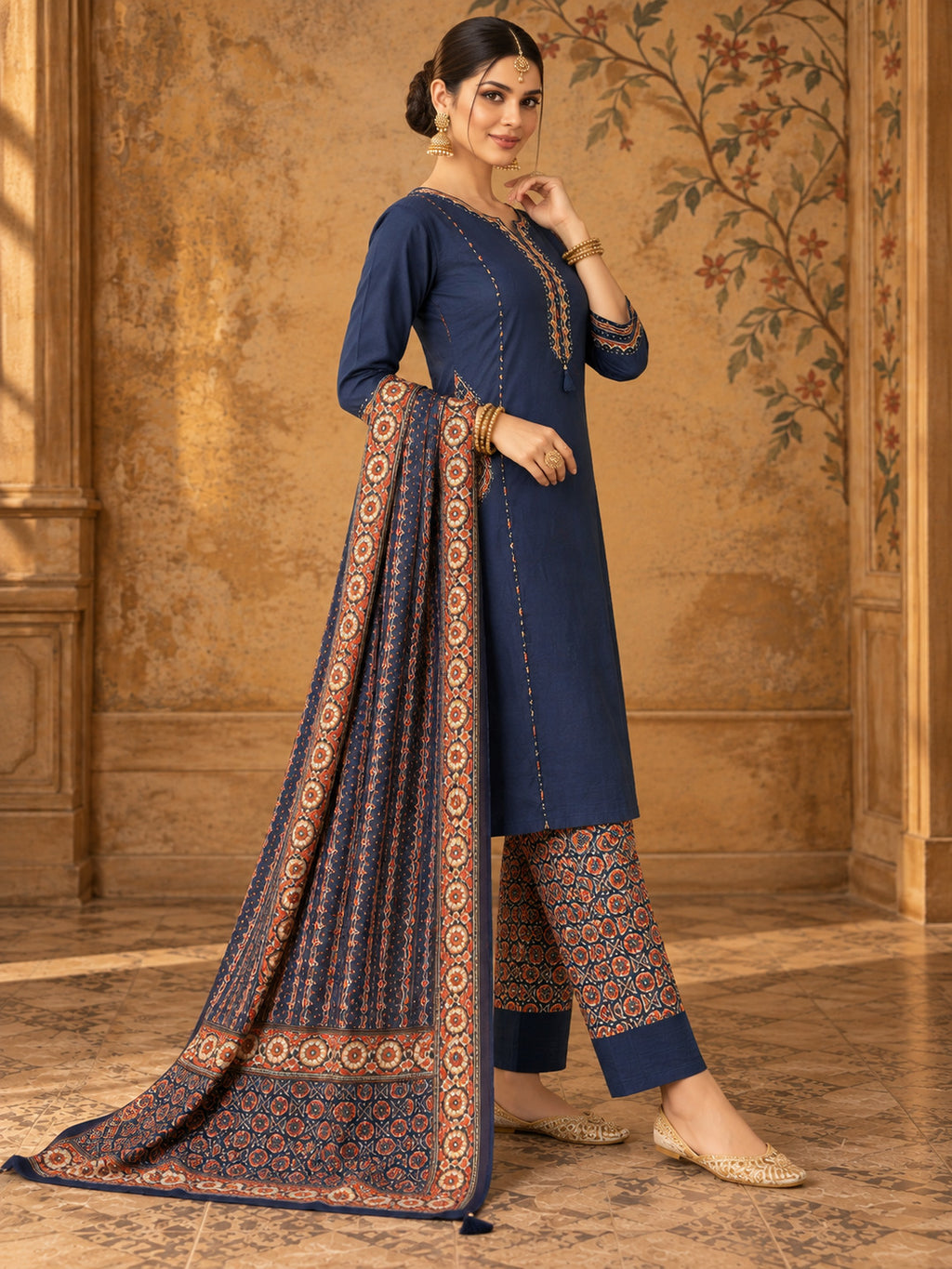 Women Ethnic Motifs Embroidered Regular Thread Work Pure Cotton Kurta with Trousers & With Dupatta