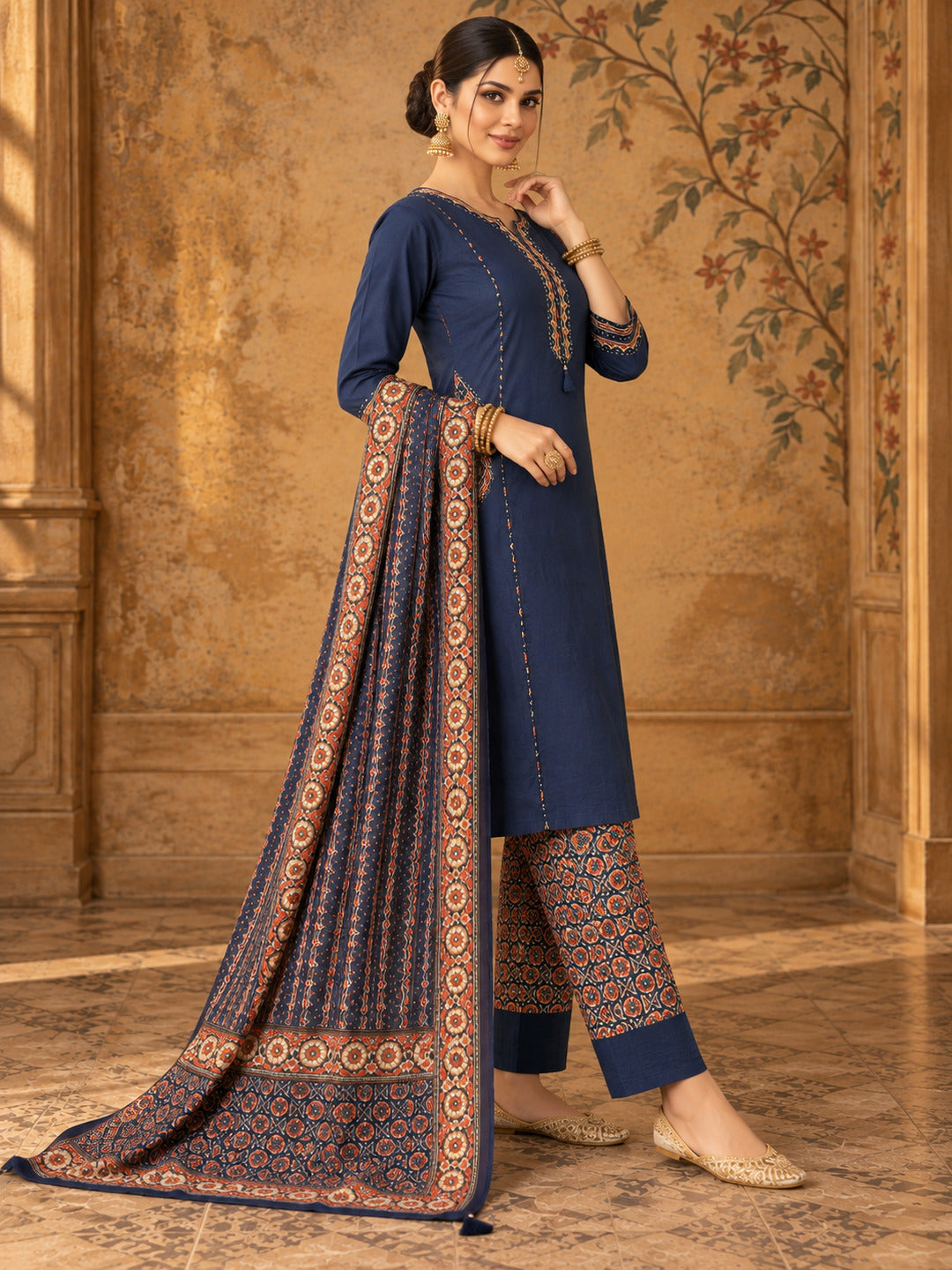 Women Ethnic Motifs Embroidered Regular Thread Work Pure Cotton Kurta with Trousers & With Dupatta