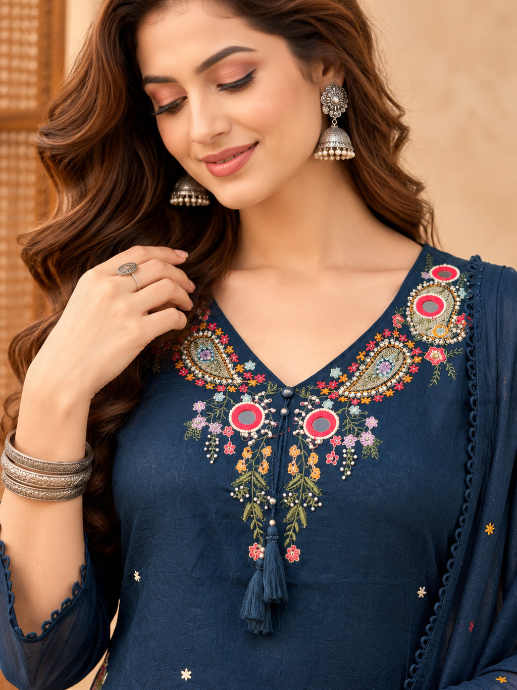 Women Ethnic Motifs Embroidered Regular Thread Work Kurta with Trousers & With Dupatta