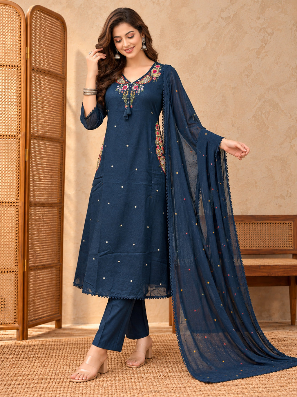 Women Ethnic Motifs Embroidered Regular Thread Work Kurta with Trousers & With Dupatta