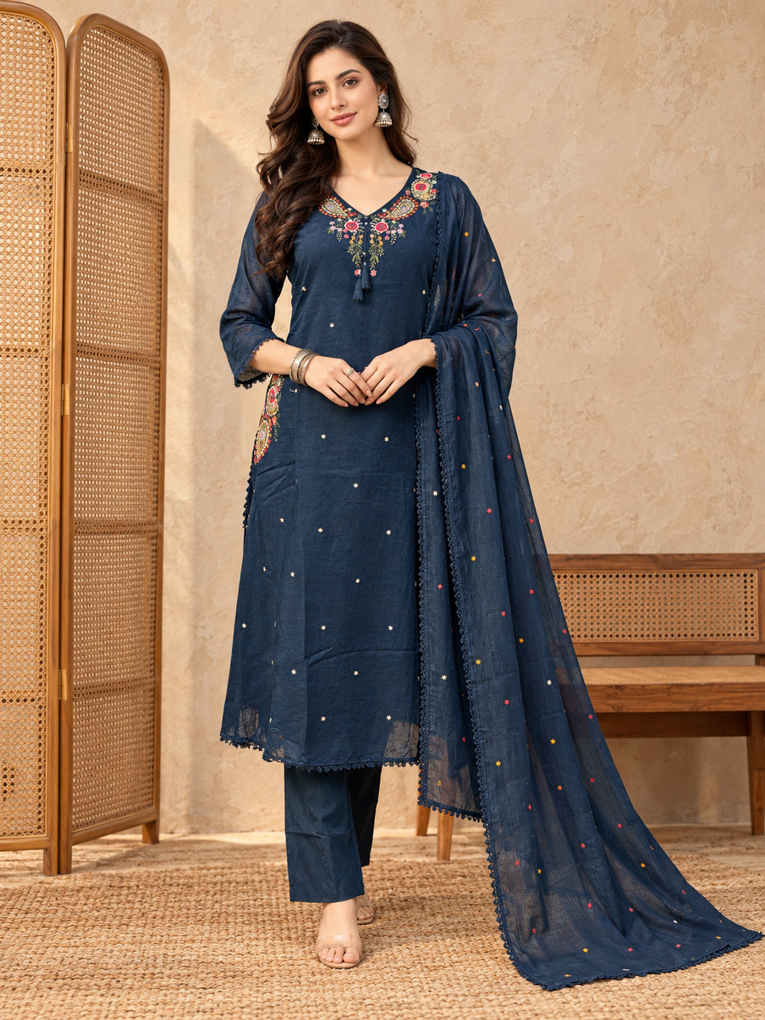 Women Ethnic Motifs Embroidered Regular Thread Work Kurta with Trousers & With Dupatta