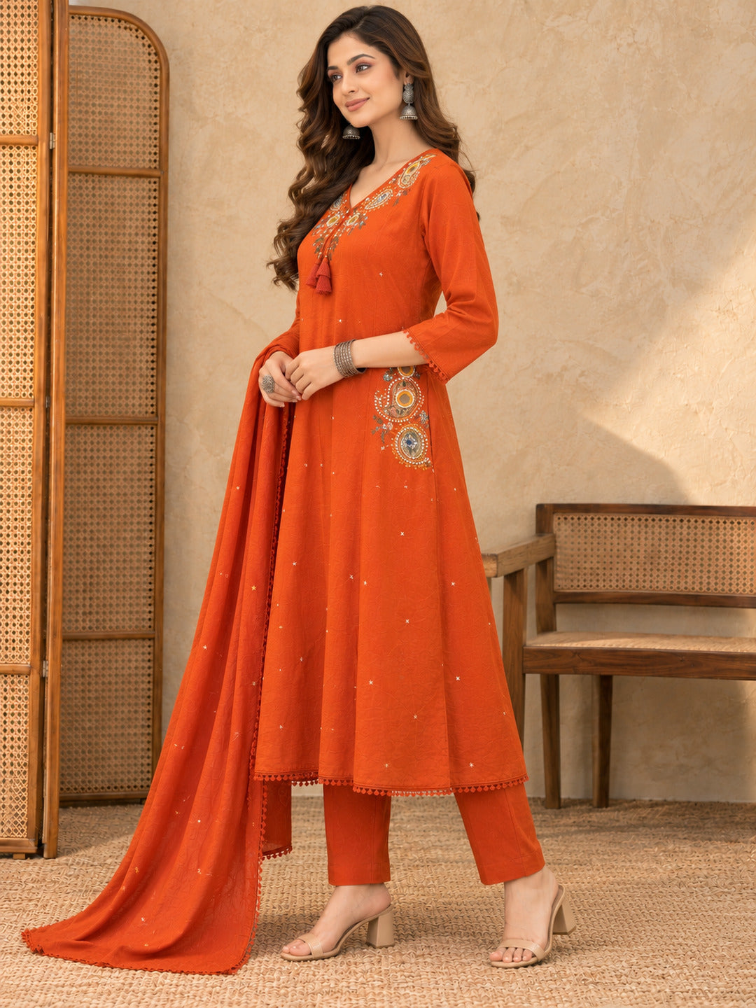 Women Ethnic Motifs Embroidered Regular Thread Work Kurta with Trousers & With Dupatta