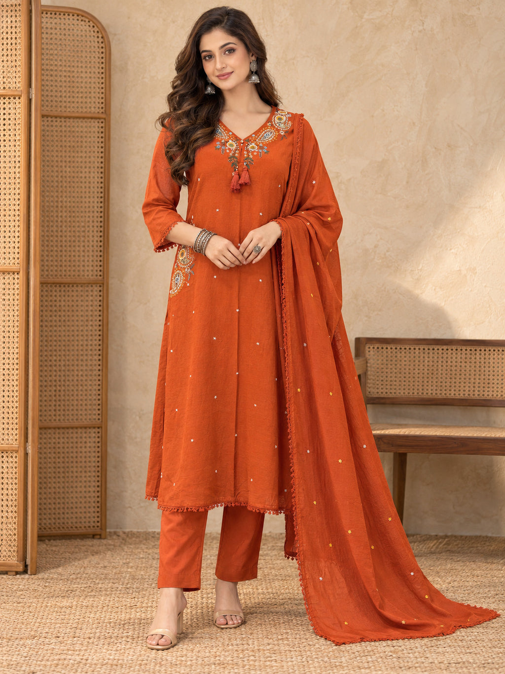 Women Ethnic Motifs Embroidered Regular Thread Work Kurta with Trousers & With Dupatta