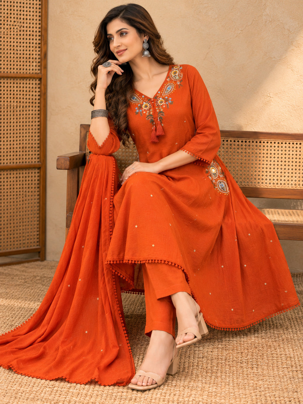 Women Ethnic Motifs Embroidered Regular Thread Work Kurta with Trousers & With Dupatta