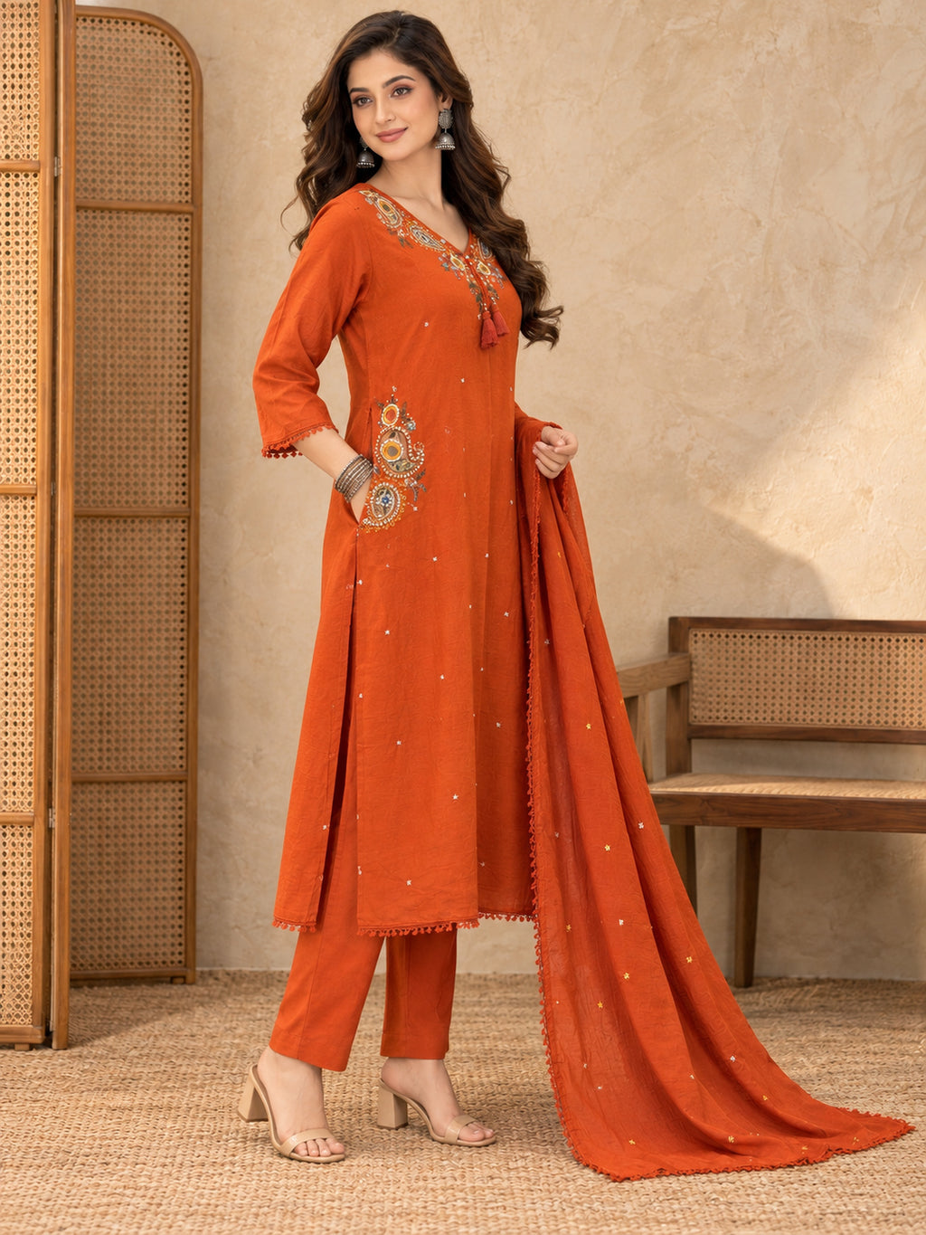 Women Ethnic Motifs Embroidered Regular Thread Work Kurta with Trousers & With Dupatta