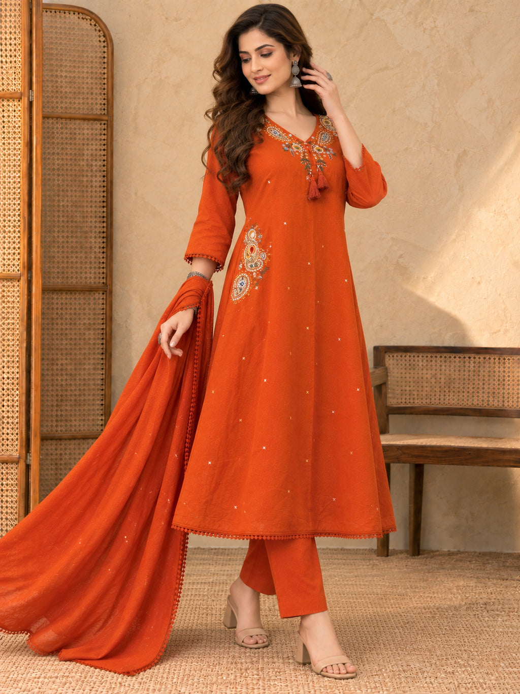 Women Ethnic Motifs Embroidered Regular Thread Work Kurta with Trousers & With Dupatta