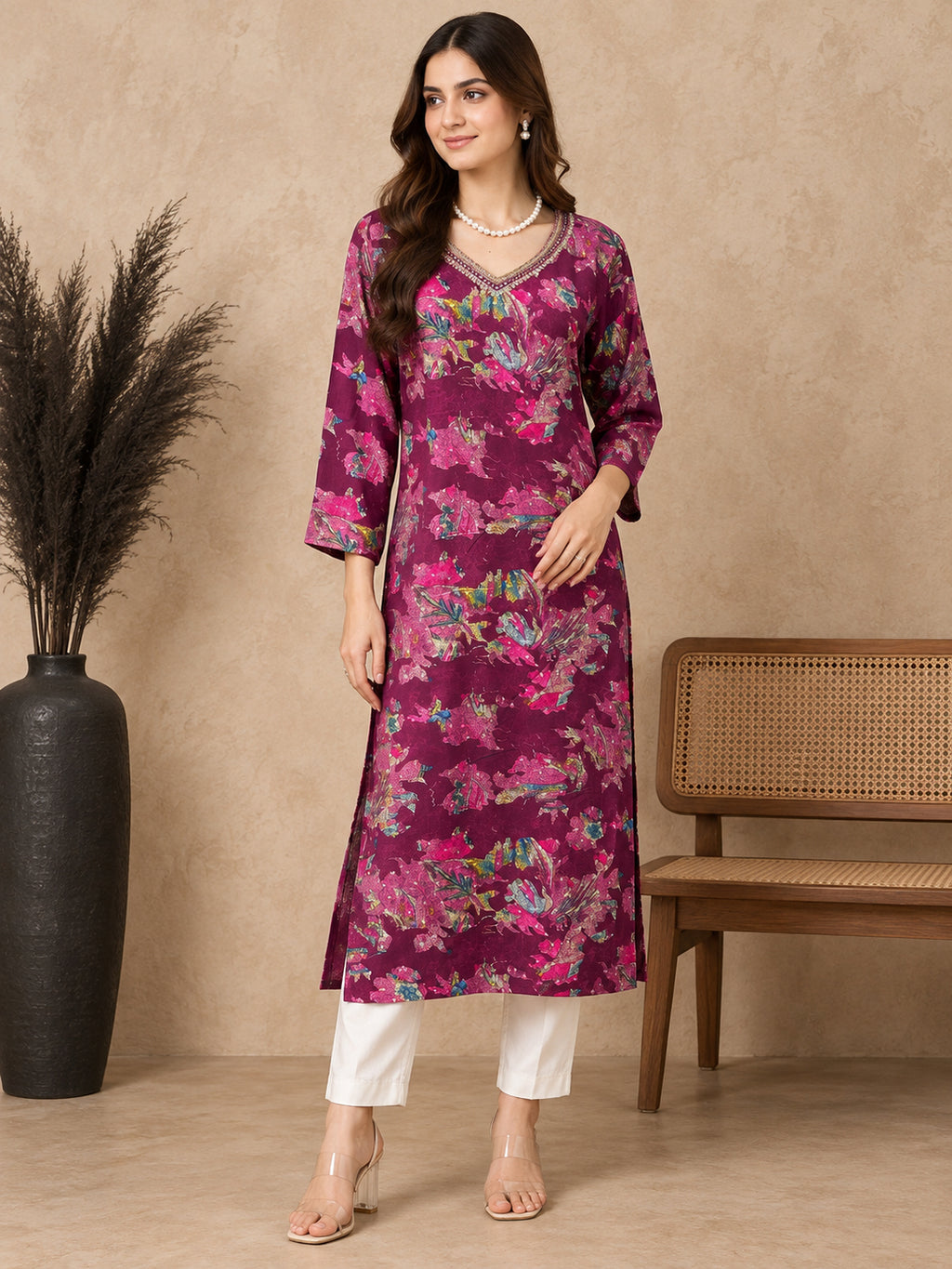 Floral Printed V-Neck Kurti