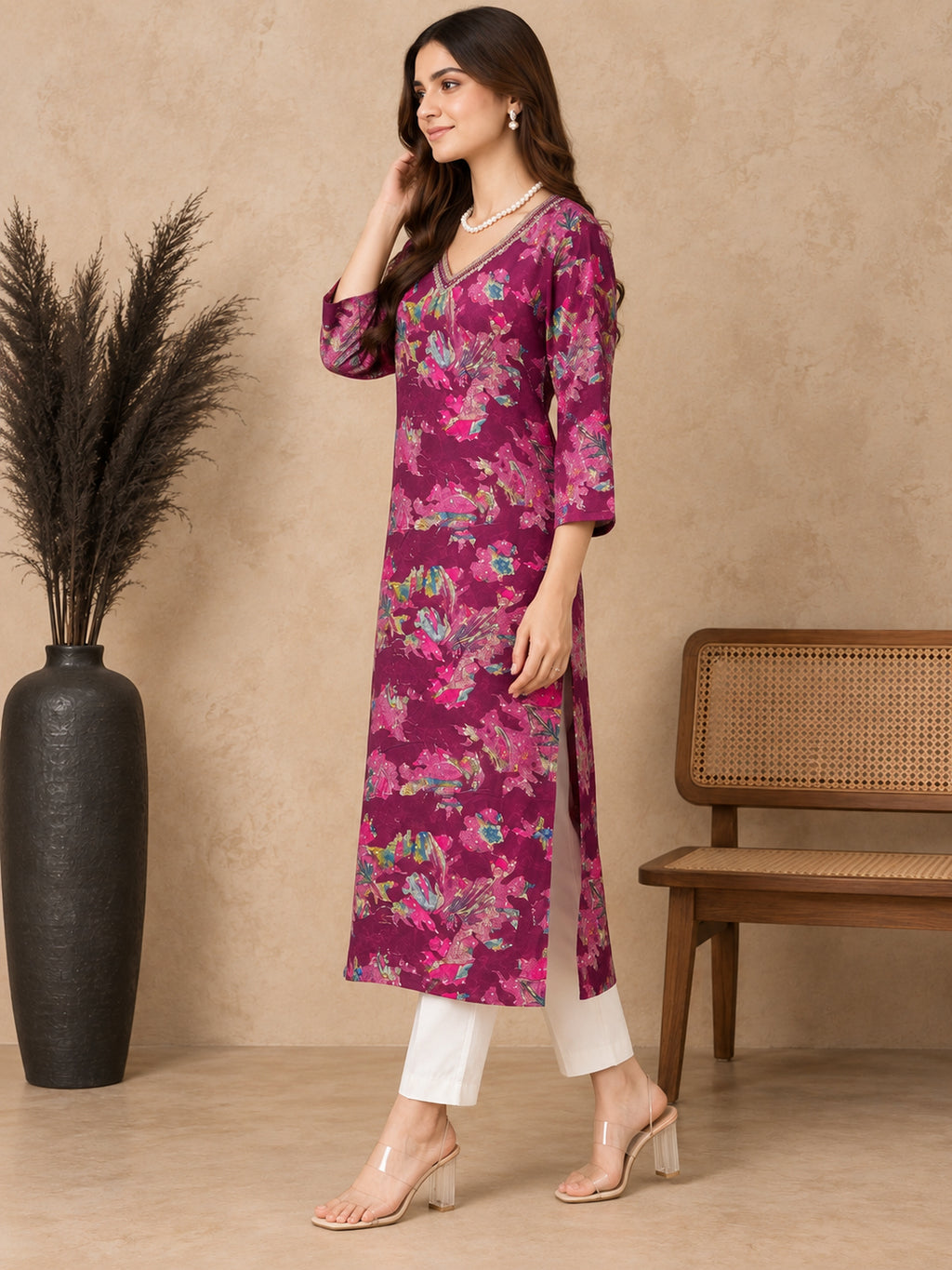 Floral Printed V-Neck Kurti