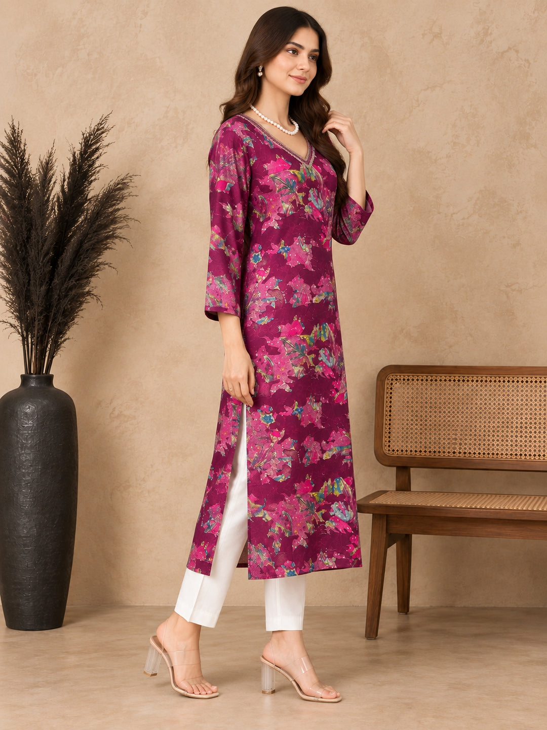 Floral Printed V-Neck Kurti