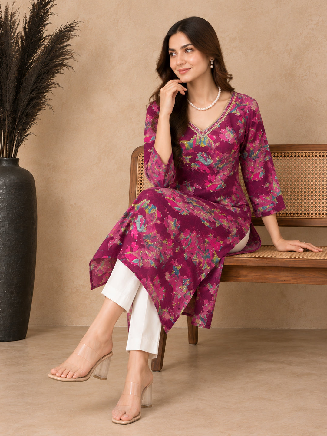 Floral Printed V-Neck Kurti