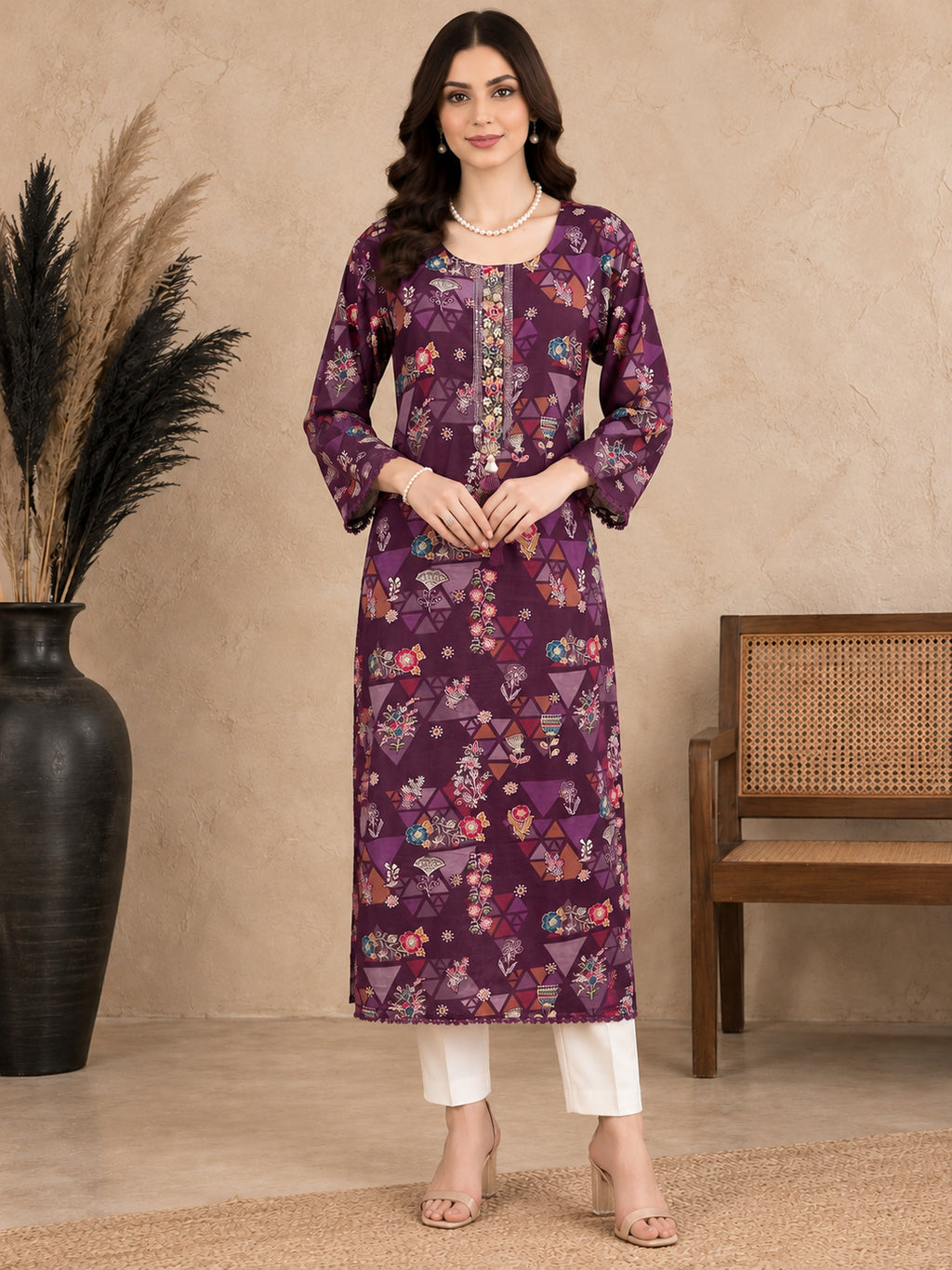 Floral Printed Round Neck Straight Kurta
