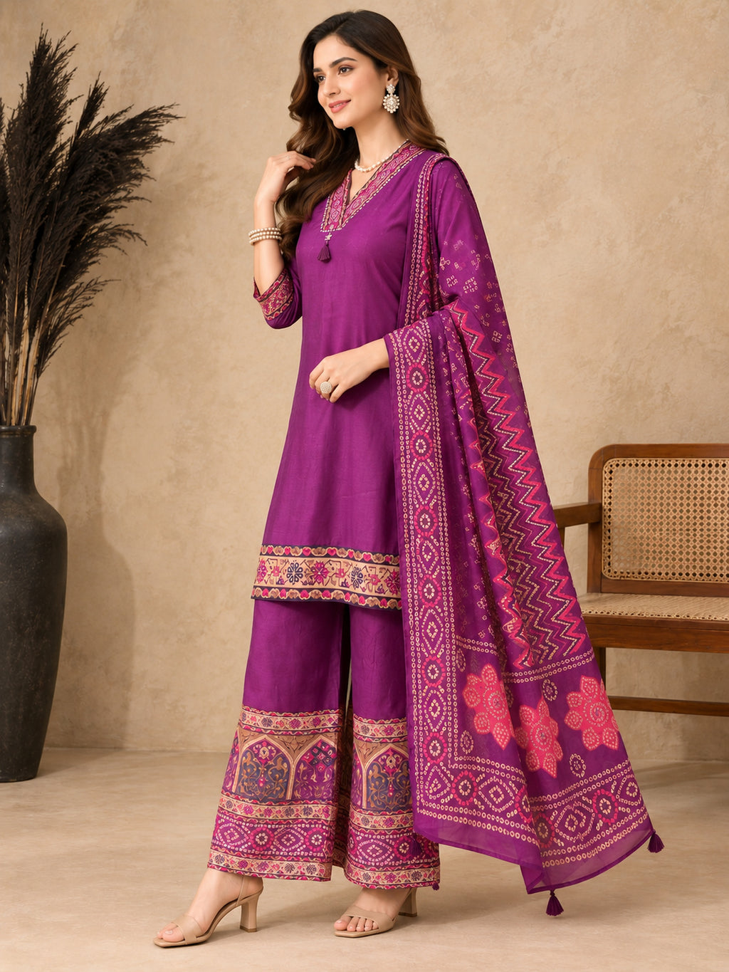 Women Ethnic Motifs Regular Thread Work Pure Cotton Kurta with Palazzos & With Dupatta