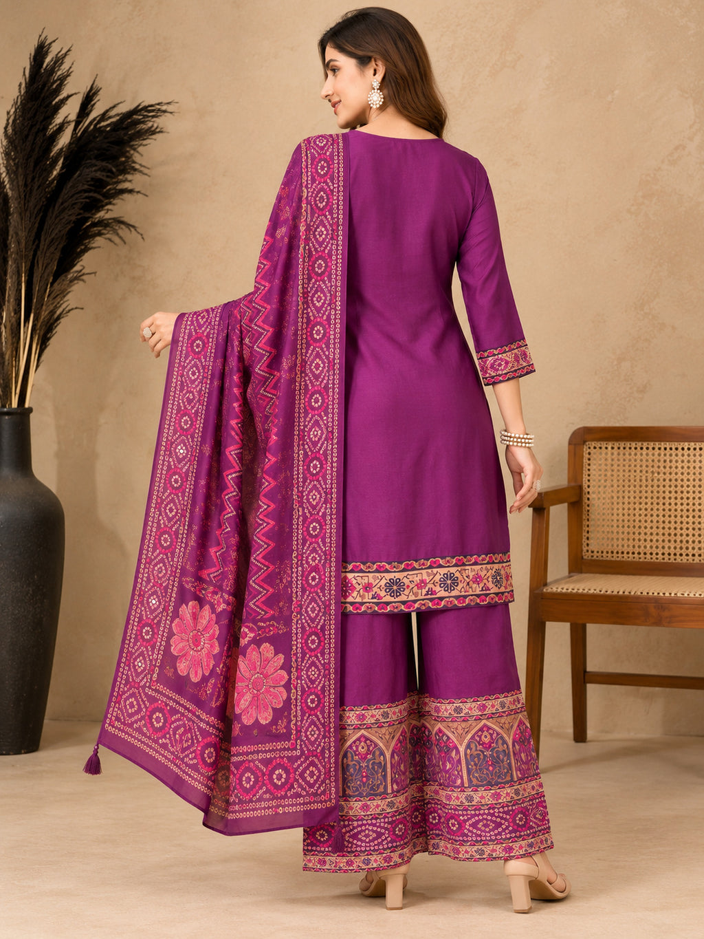 Women Ethnic Motifs Regular Thread Work Pure Cotton Kurta with Palazzos & With Dupatta
