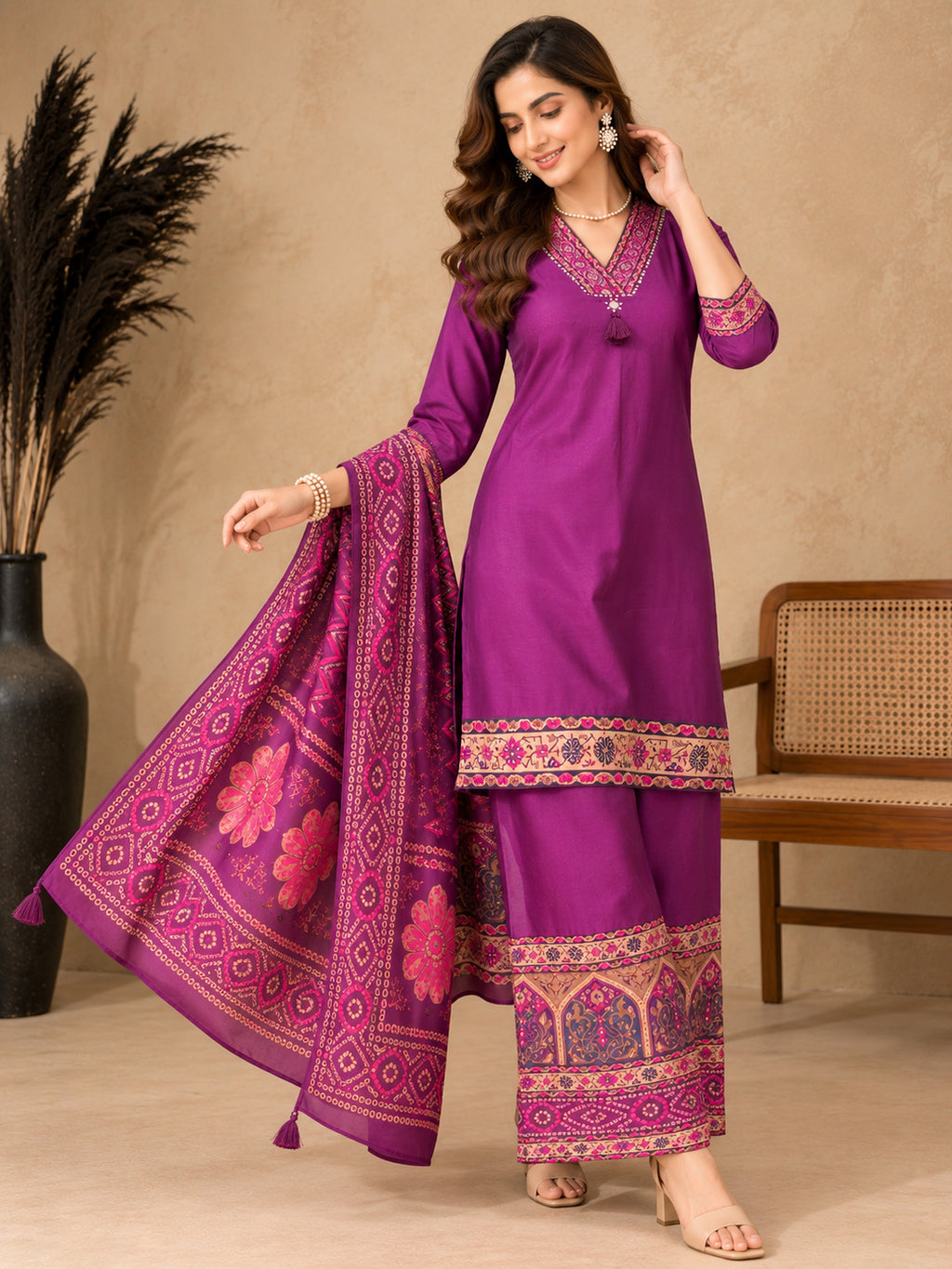 Women Ethnic Motifs Regular Thread Work Pure Cotton Kurta with Palazzos & With Dupatta