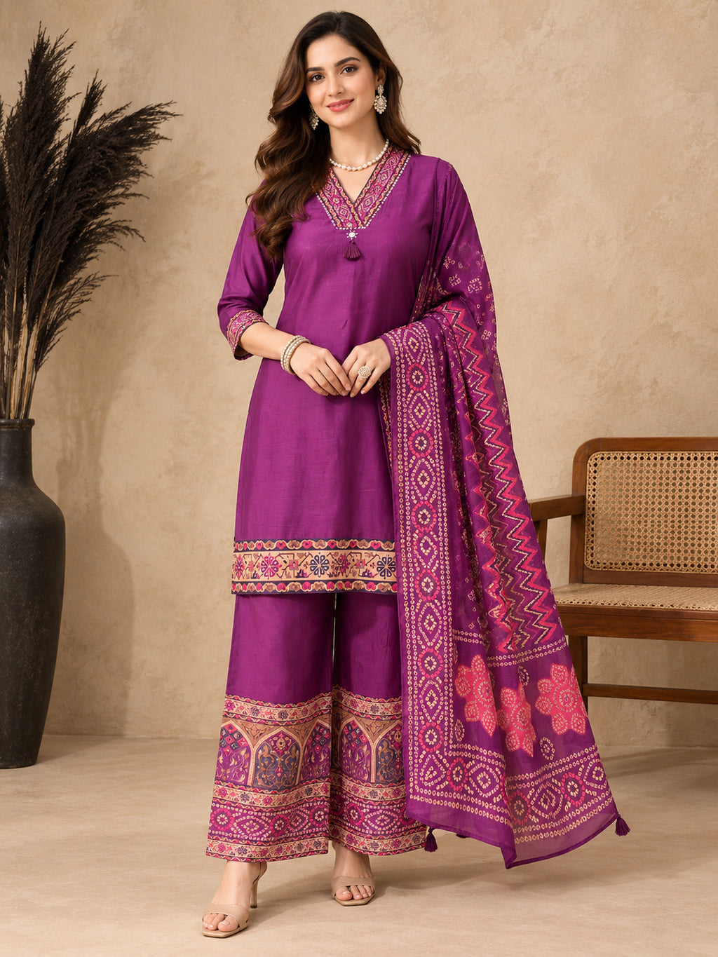 Women Ethnic Motifs Regular Thread Work Pure Cotton Kurta with Palazzos & With Dupatta