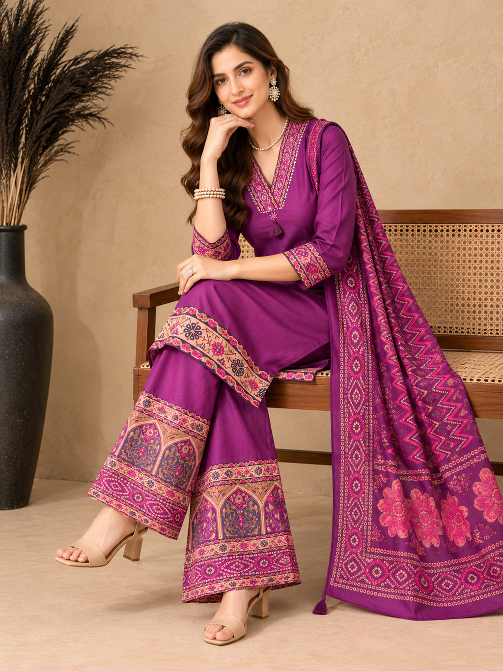 Women Ethnic Motifs Regular Thread Work Pure Cotton Kurta with Palazzos & With Dupatta