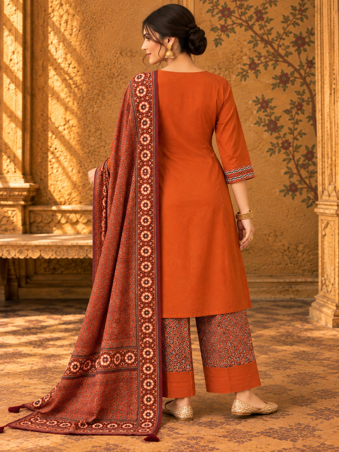 Women Ethnic Motifs Embroidered Regular Thread Work Pure Cotton Kurta with Trousers & With Dupatta