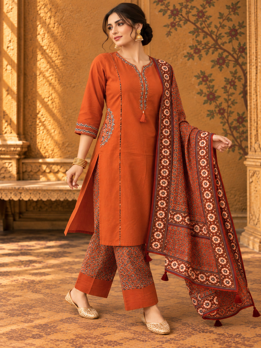 Women Ethnic Motifs Embroidered Regular Thread Work Pure Cotton Kurta with Trousers & With Dupatta