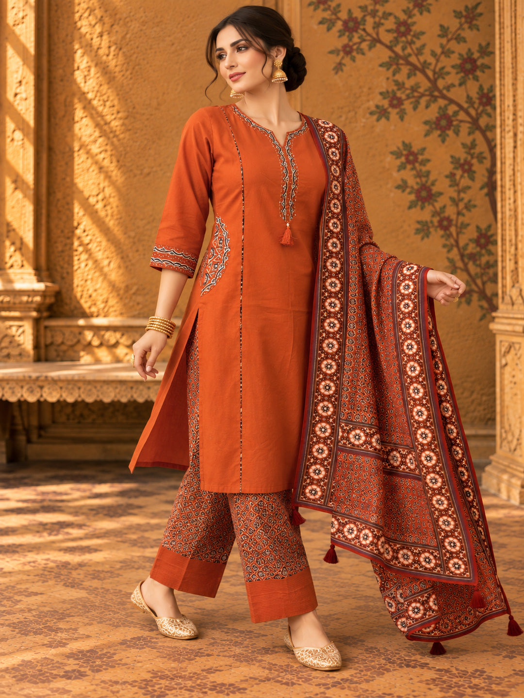 Women Ethnic Motifs Embroidered Regular Thread Work Pure Cotton Kurta with Trousers & With Dupatta