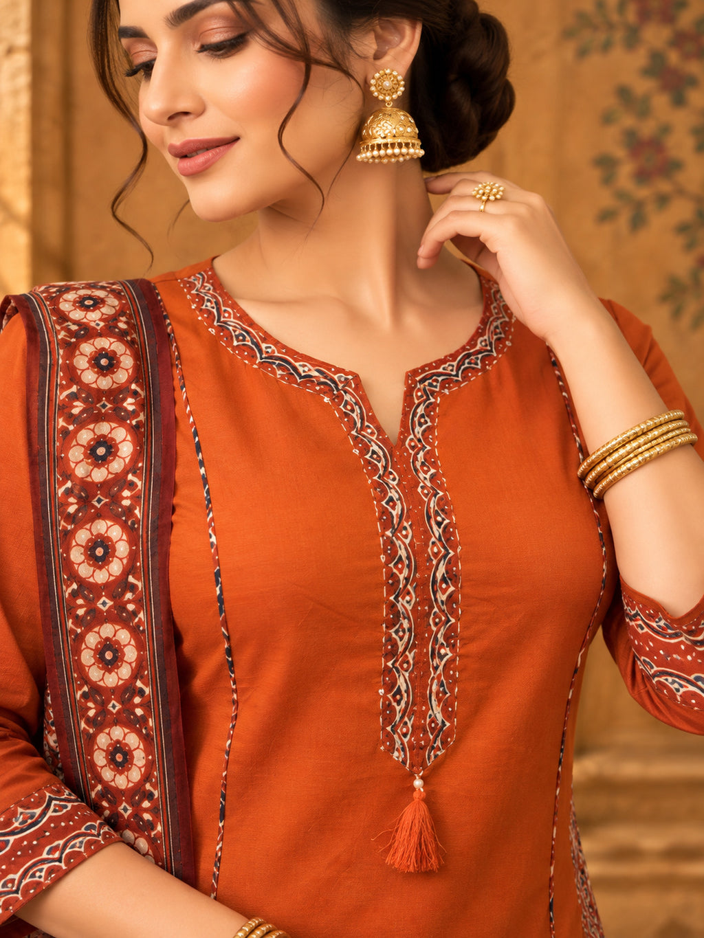 Women Ethnic Motifs Embroidered Regular Thread Work Pure Cotton Kurta with Trousers & With Dupatta