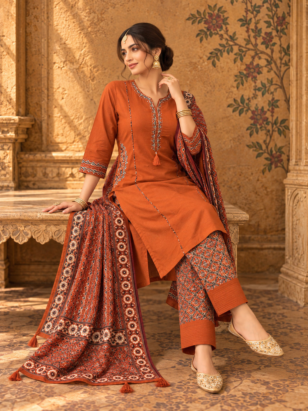 Women Ethnic Motifs Embroidered Regular Thread Work Pure Cotton Kurta with Trousers & With Dupatta
