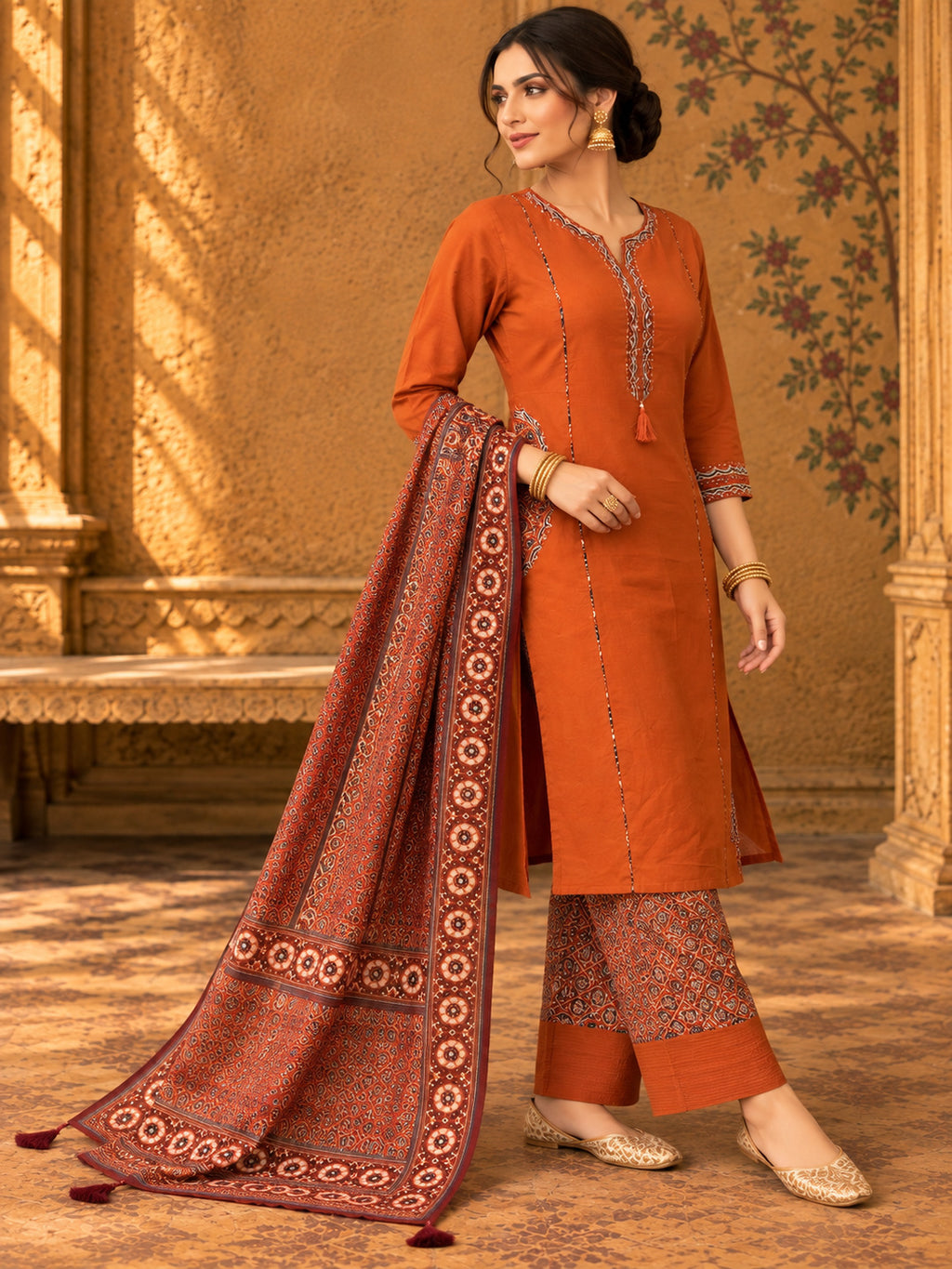 Women Ethnic Motifs Embroidered Regular Thread Work Pure Cotton Kurta with Trousers & With Dupatta