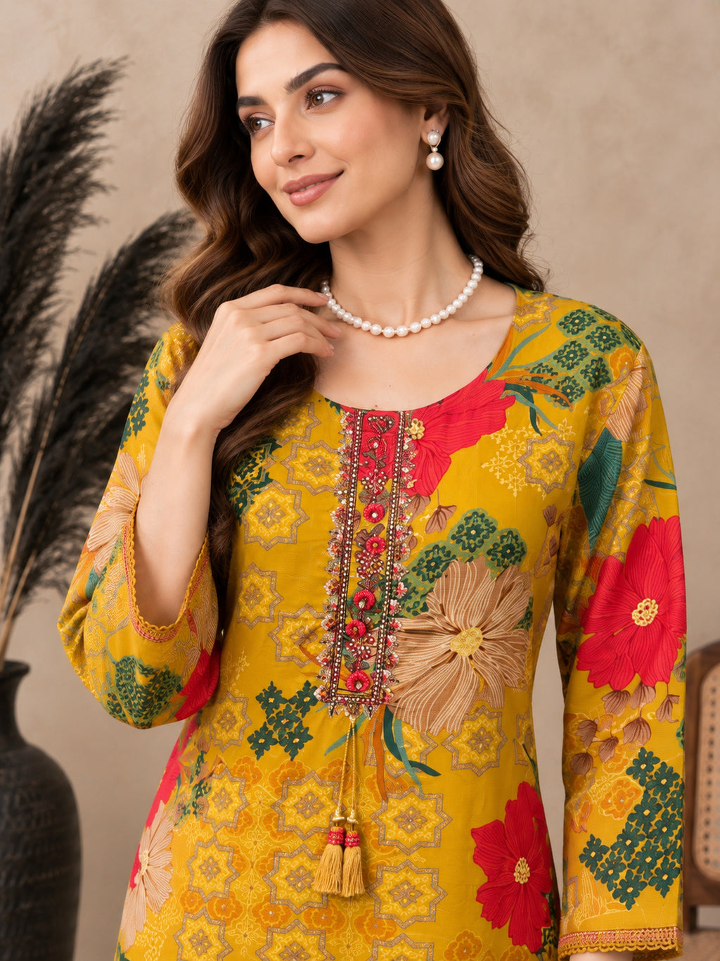 Floral Printed Thread Work Thread Work Kurti